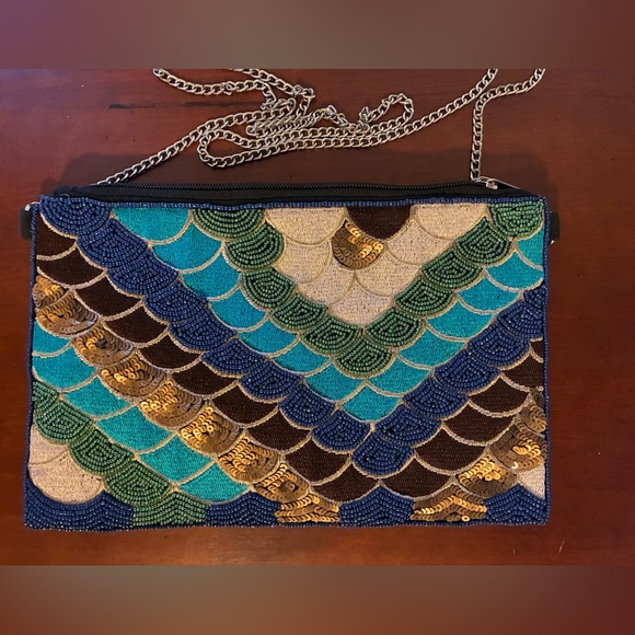 Lord Krishna Handbags - Embellished Beaded Mini Crossbody Bag in Blue & Green